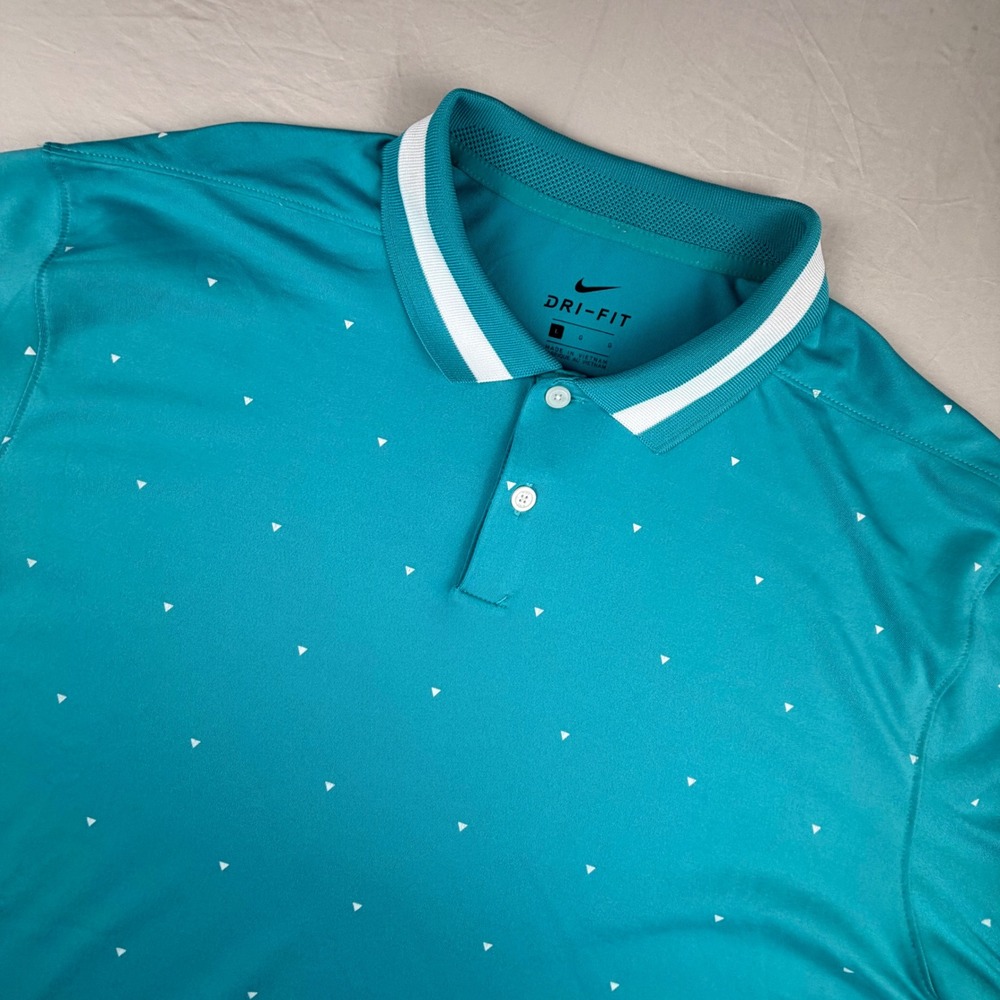 Nike Dri-FIT Golf Polo Shirt Mens Large Teal Geometric Triangle Print S/S AOP
